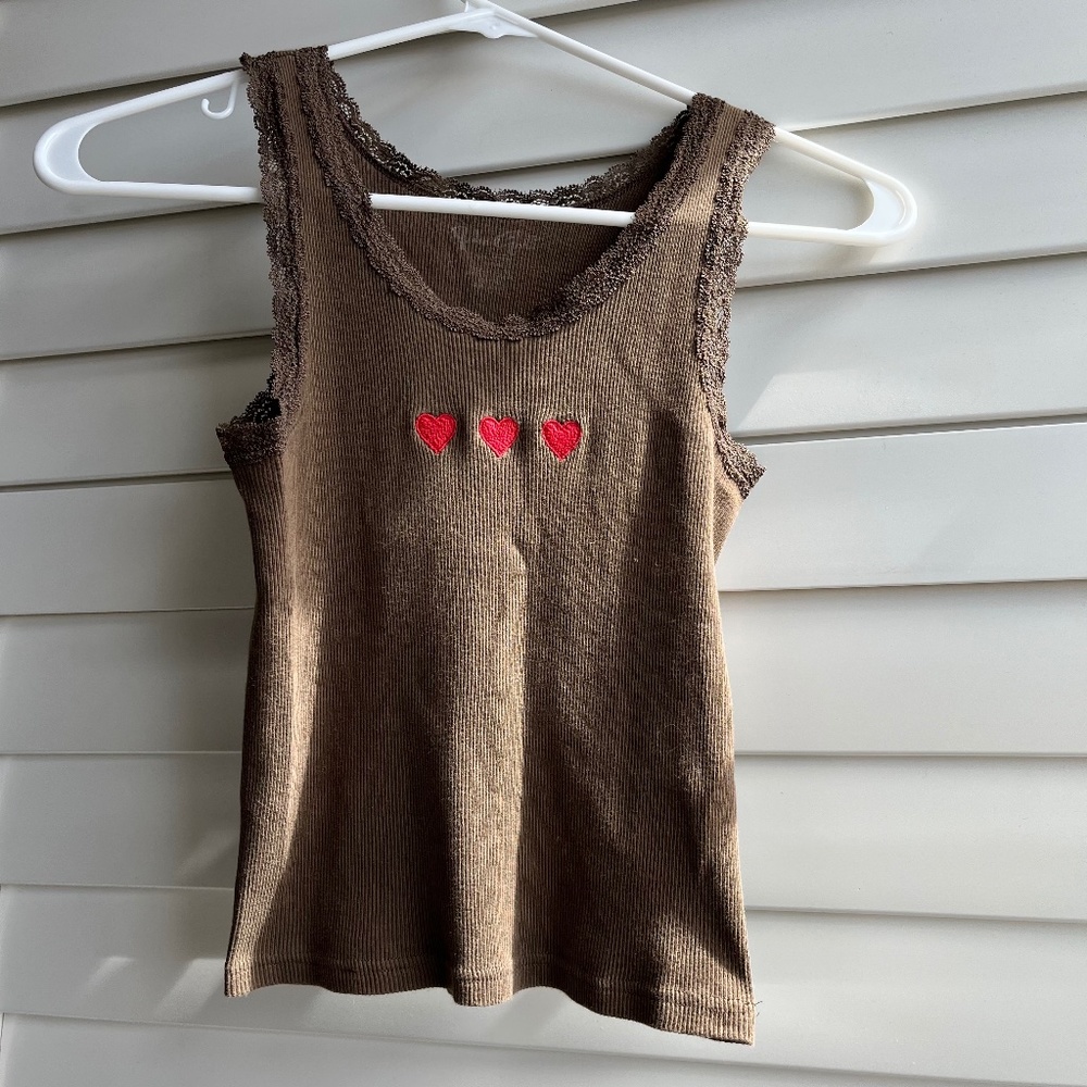 Brandy Melville Ronnie Lace Brown Tank Three Red Hearts